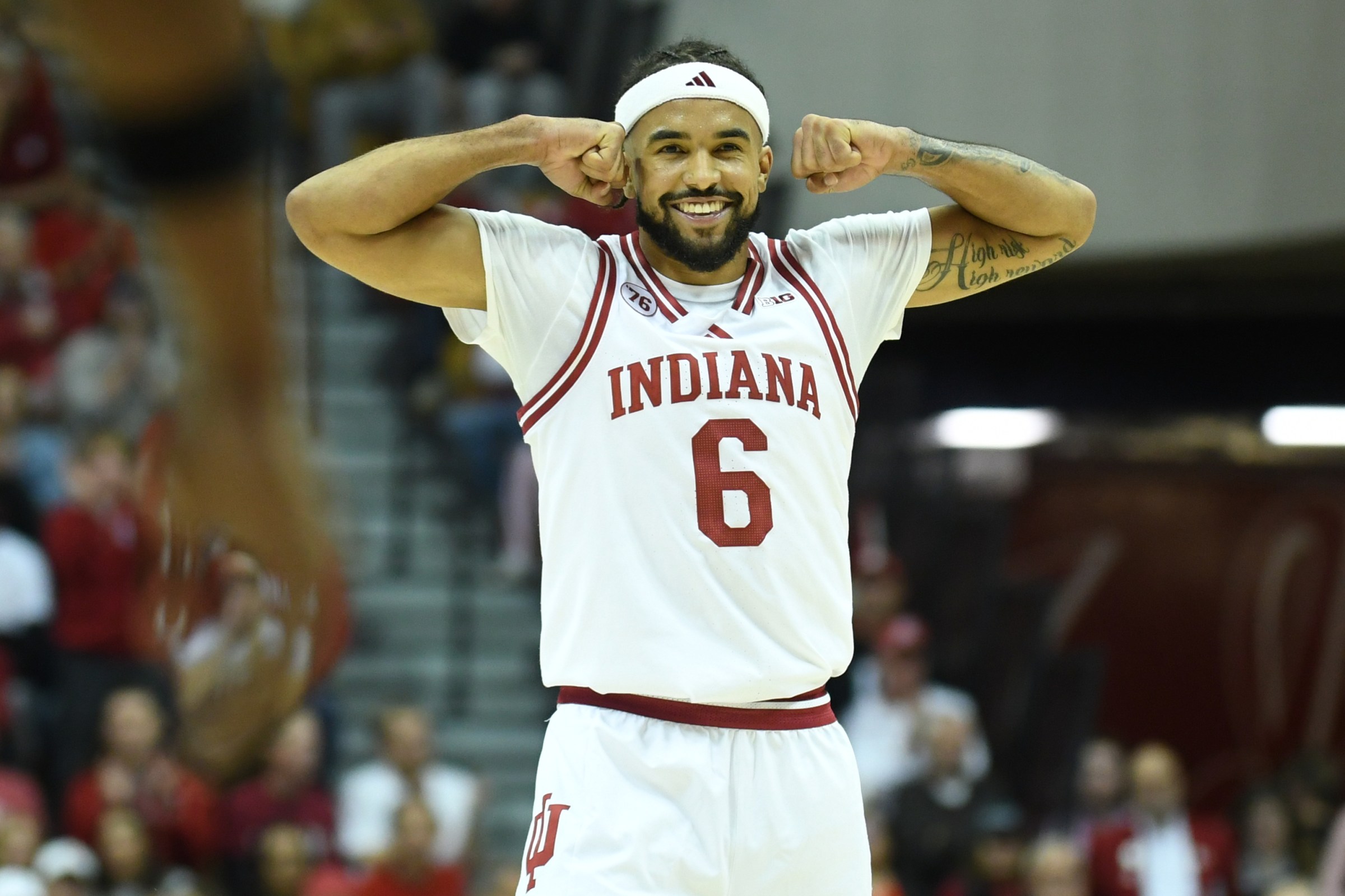 Nov 5, 2025; Bloomington, Indiana, USA; Indiana Hoosiers guard Tayton Conerway (6) celebrates after a play during the first half against the Alabama A&M Bulldogs at Simon Skjodt Assembly Hall. Mandatory Credit: Robert Goddin-Imagn Images