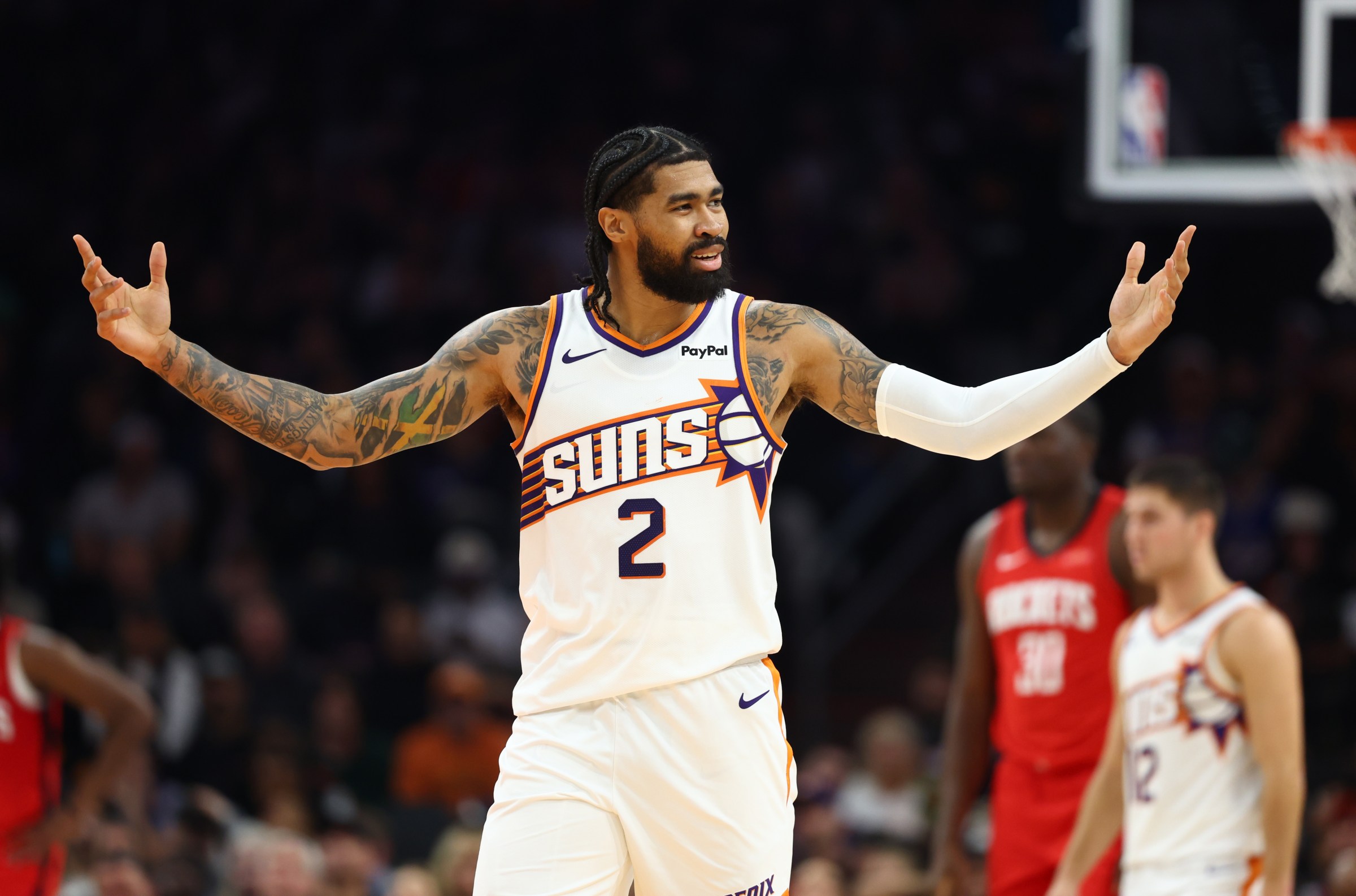 Nov 24, 2025; Phoenix, Arizona, USA; Phoenix Suns center Nick Richards (2) reacts against the Houston Rockets in the first half at Mortgage Matchup Center. Mandatory Credit: Mark J. Rebilas-Imagn Images
