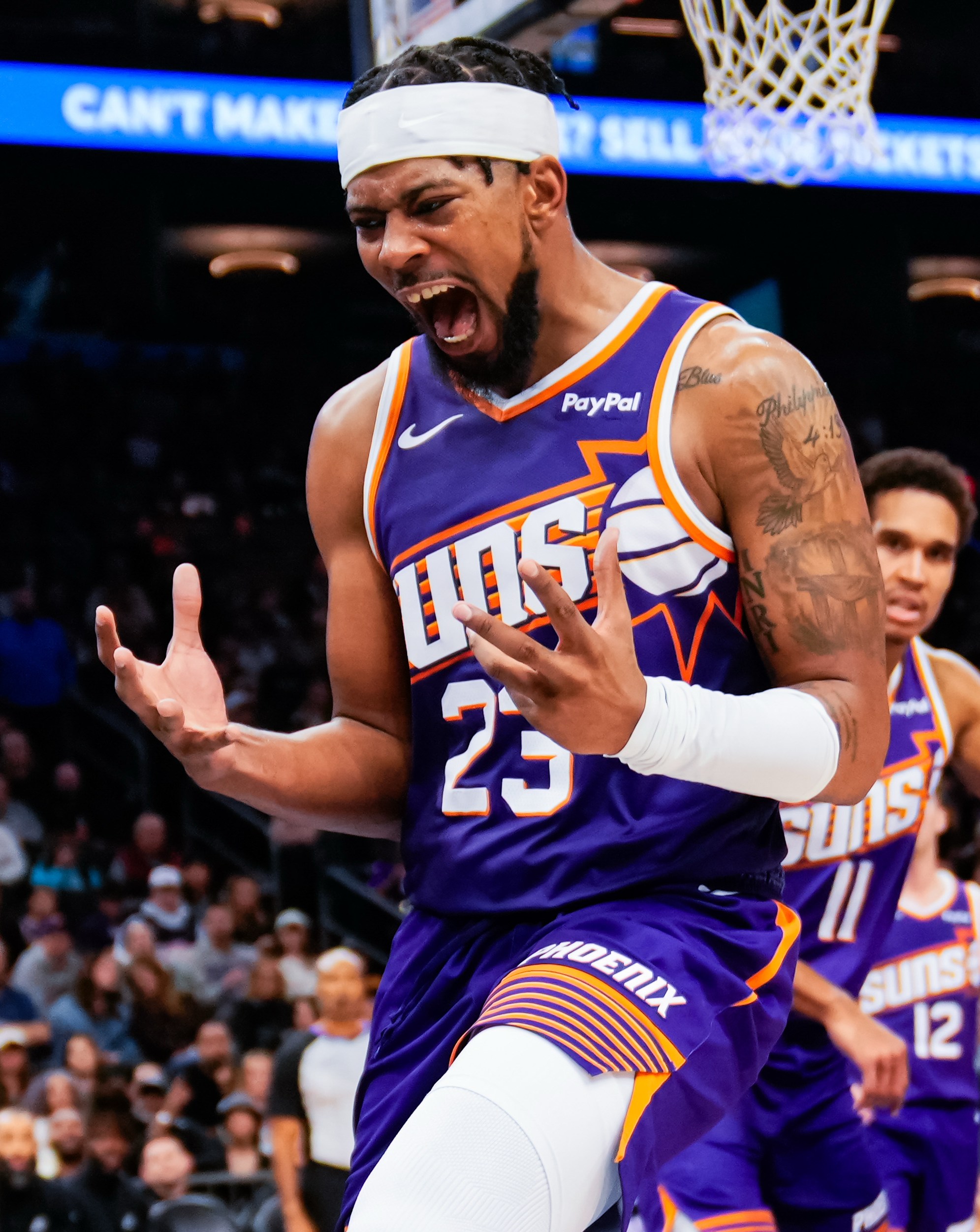 Nov 23, 2025; Phoenix, Arizona, USA; Phoenix Suns guard Jordan Goodwin (23) reacts in the first half of the game at Mortgage Match Up Center. Mandatory Credit: Arianna Grainey-Imagn Images