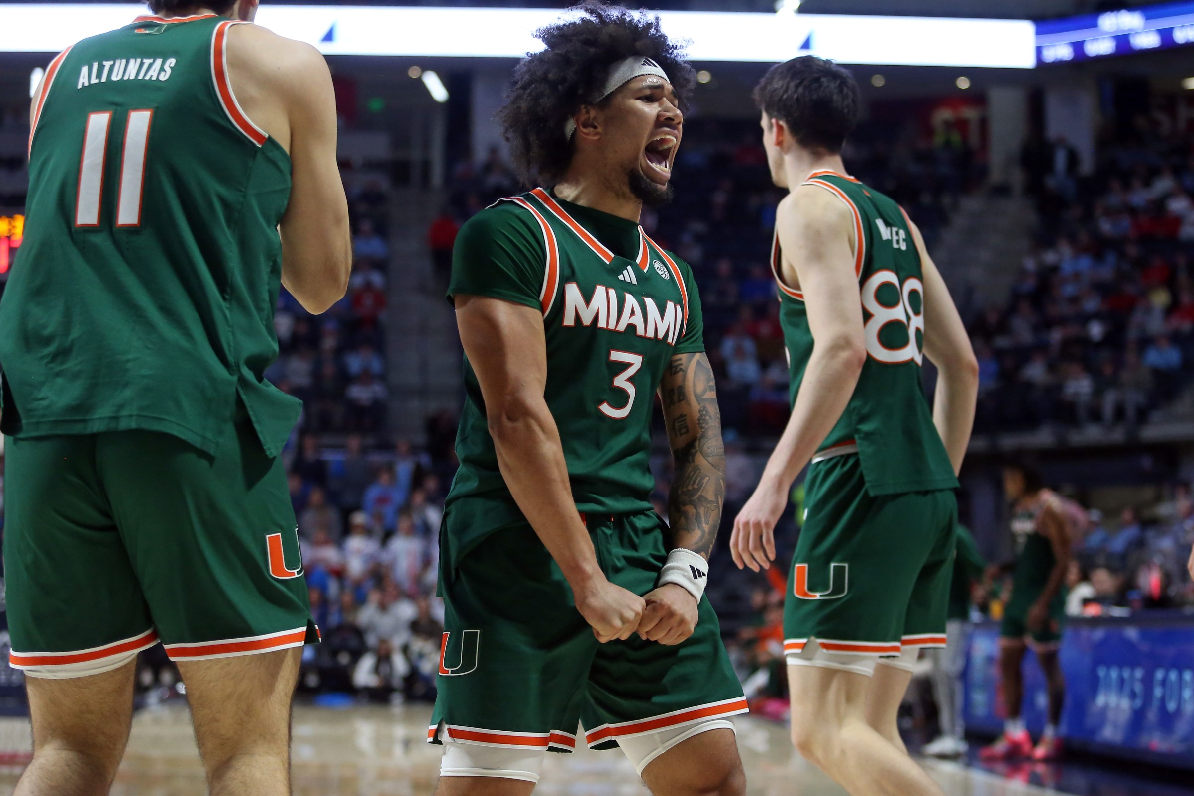 Dec 2, 2025; Oxford, Mississippi, USA; Miami Hurricanes guard Tre Donaldson (3) reacts during the second half against the Mississippi Rebels at The Sandy and John Black Pavilion at Ole Miss. Mandatory Credit: Petre Thomas-Imagn Images