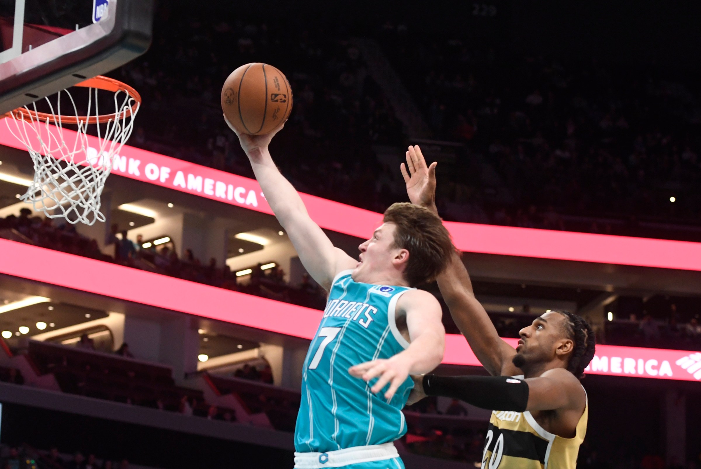 Wizards big man Alex Sarr rejects a Kon Knueppel layup attempt.