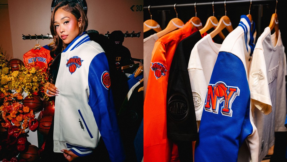 jordyn woods posing with a knick jacket on; a selection of sports jackets on a rack, in colors spanning from orange to blue