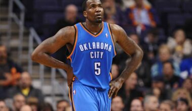 Phoenix, AZ, USA; Oklahoma City Thunder center Kendrick Perkins (5) stands on the court during the game against the Phoenix Suns at the US Airways Center. Mandatory Credit: Jennifer Stewart-Imagn Images