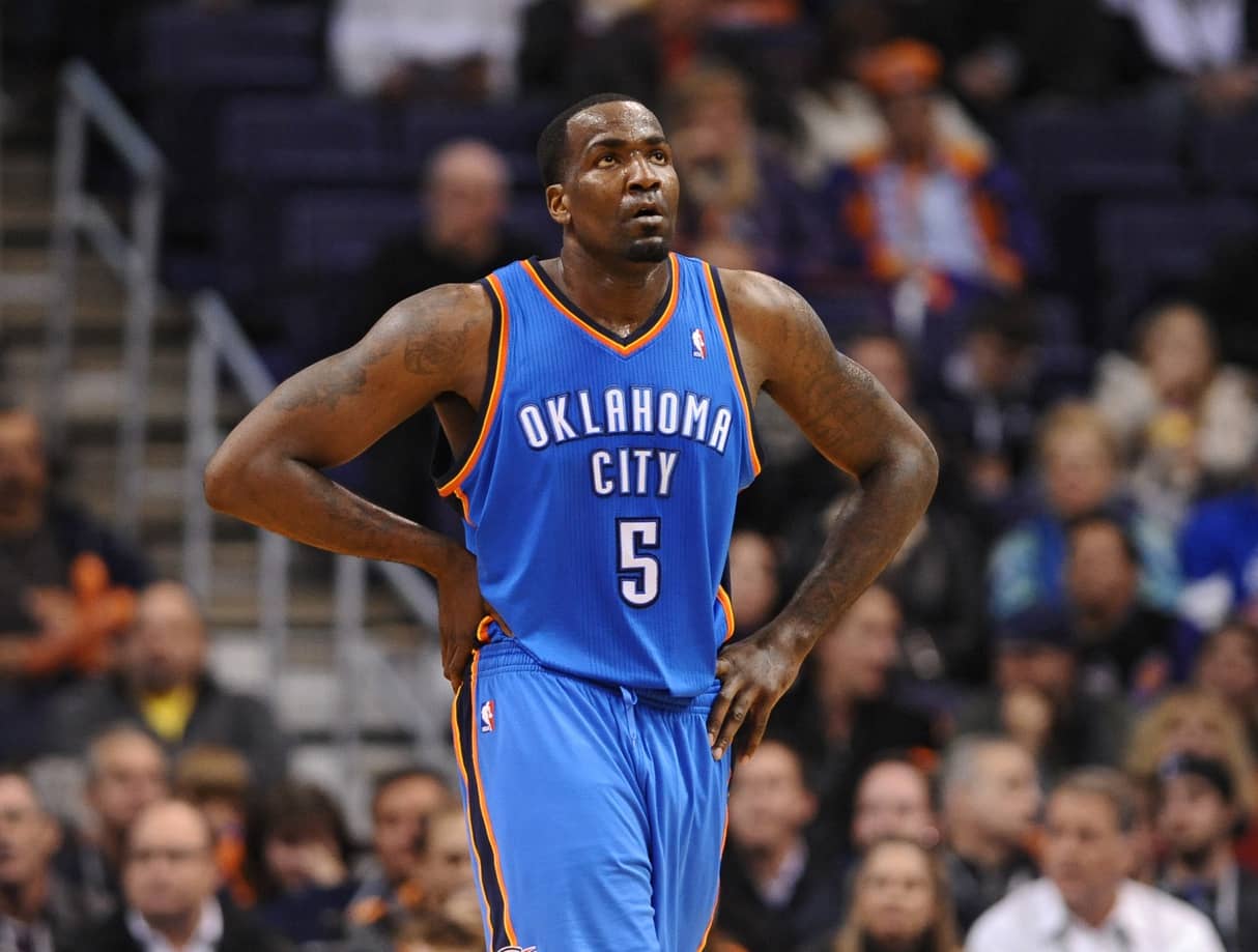 Phoenix, AZ, USA; Oklahoma City Thunder center Kendrick Perkins (5) stands on the court during the game against the Phoenix Suns at the US Airways Center. Mandatory Credit: Jennifer Stewart-Imagn Images