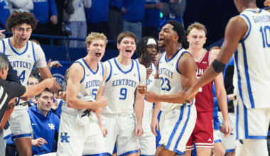Dec 18, 2025; Kansas City, MO, USA; Kentucky Wildcats outside hitter Eva Hudson (7) celebrates with her teammates after scoring a point in a 2025 NCAA Women’s Volleyball Championship semifinal match at T-Mobile Center. Mandatory Credit: Kylie Graham-Imagn Images