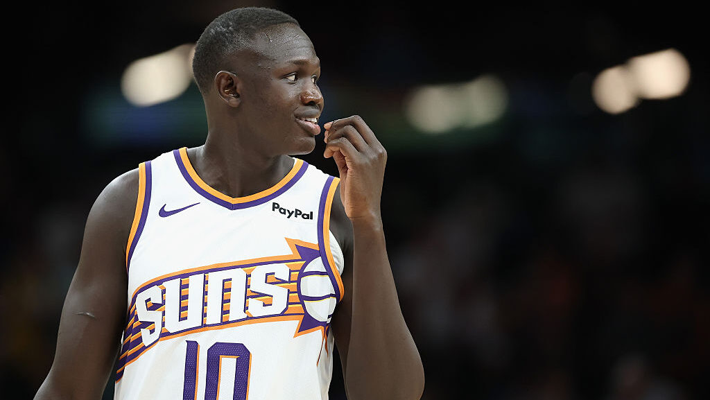 Khaman Maluach #10 of the Phoenix Suns during the second half of the NBA game at Mortgage Matchup C...