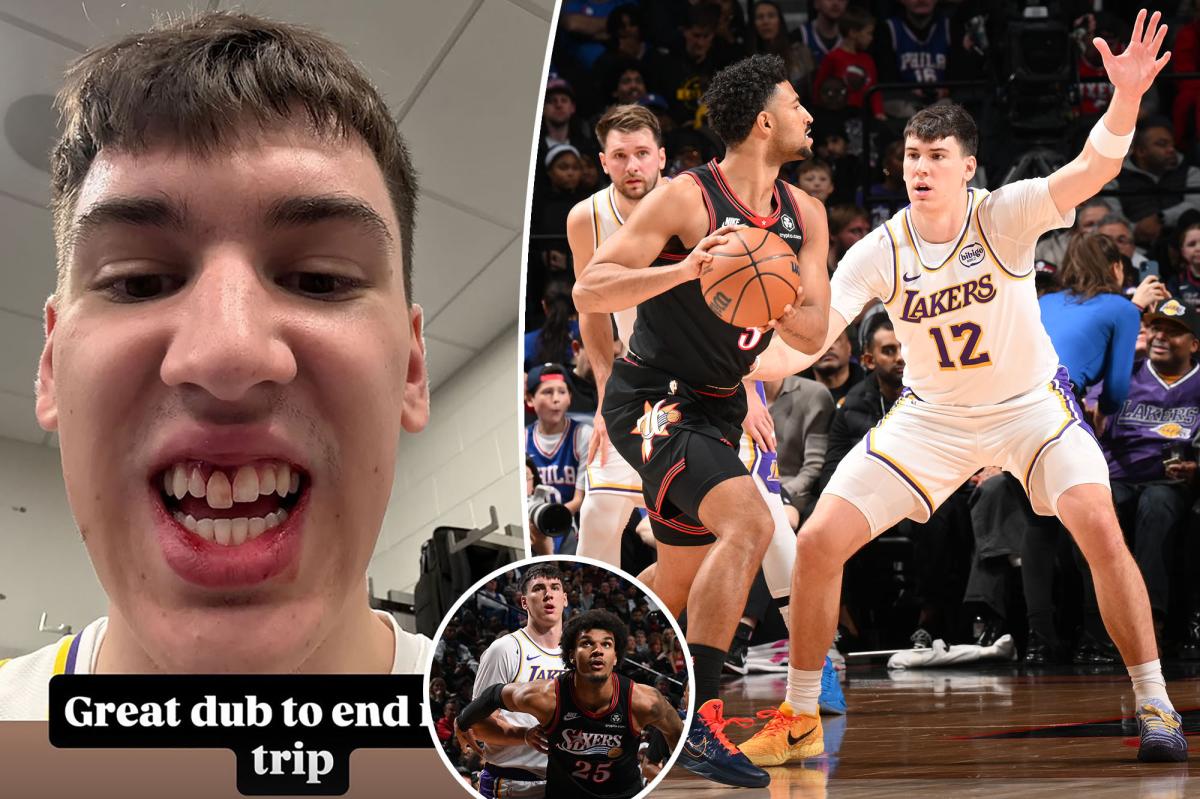 LA Lakers' Jake LaRavia nearly loses tooth in game against Philadelphia 76ers