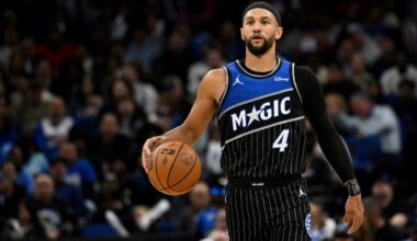 An MRI on Magic guard Jalen Suggs Monday confirmed that he has a left hip contusion, the Magic announced Monday. (AP Photo/Phelan M. Ebenhack)