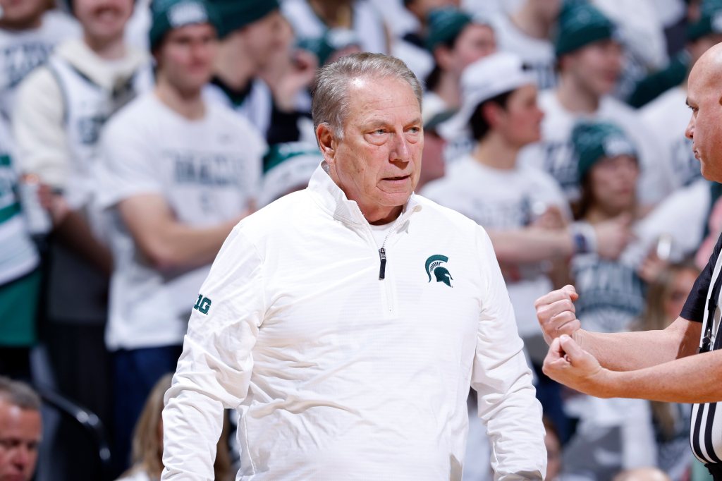 Michigan State coach Tom Izzo reacts during the first half of an NCAA college basketball game.