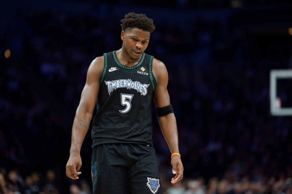 Minnesota Timberwolves guard Anthony Edwards (5) during a stoppage in play.