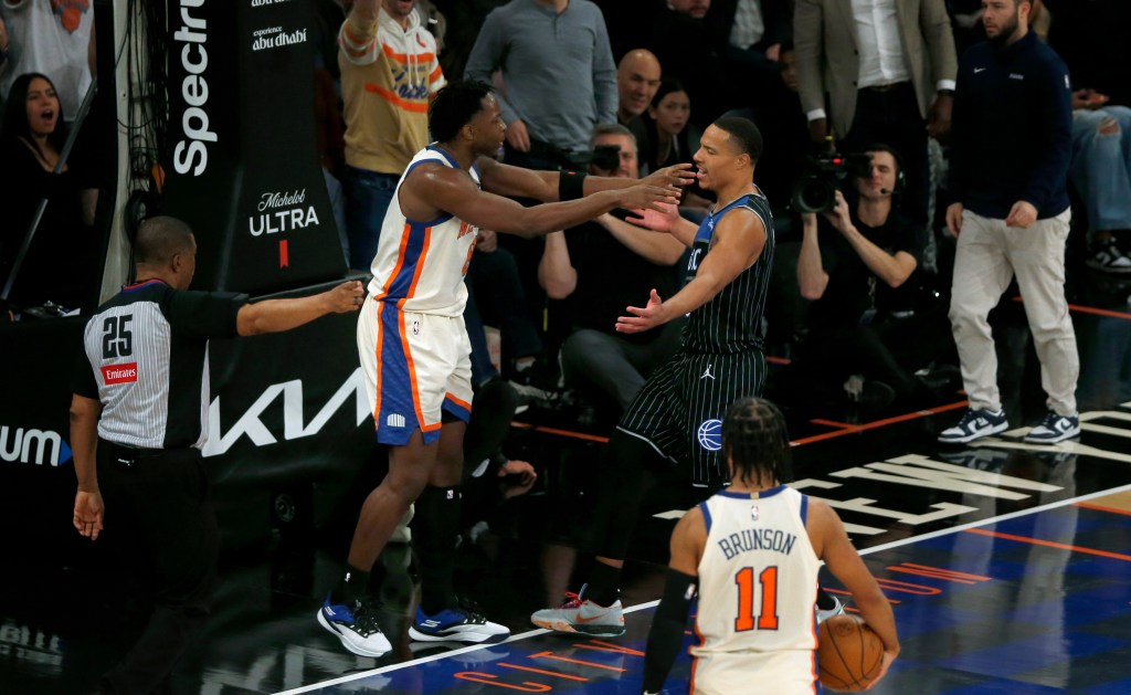 New York Knicks forward OG Anunoby and Orlando Magic guard Desmond Bane in an altercation.