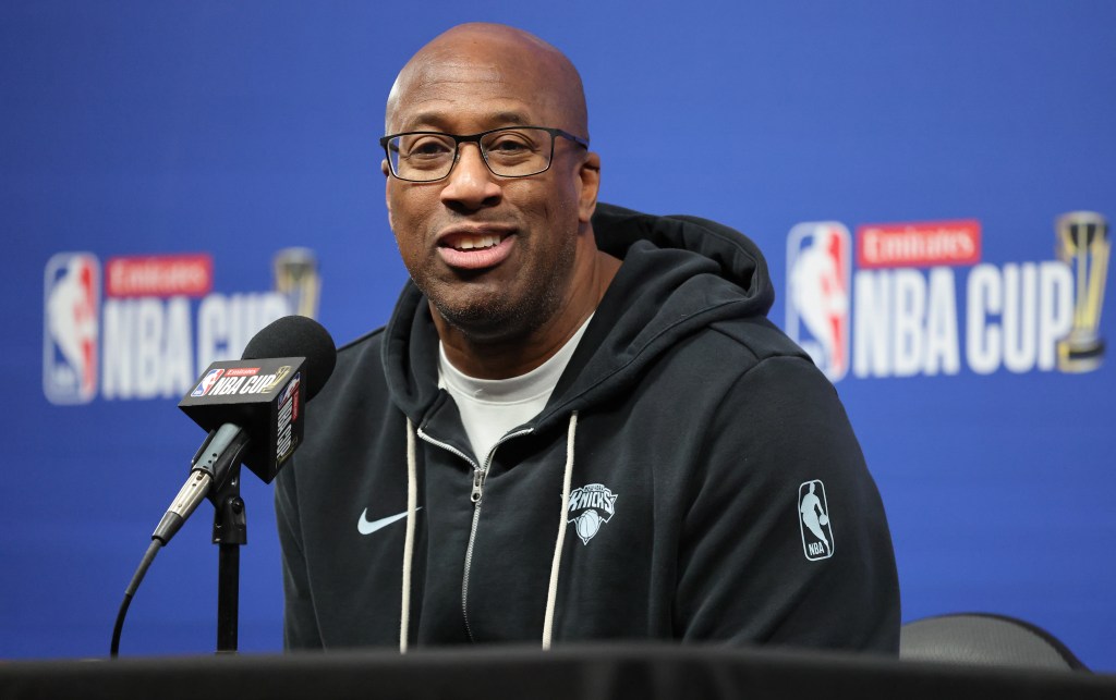Knicks head coach Mike Brown speaking to the media after practice at the T-Mobile Arena in Las Vegas, Nevada.