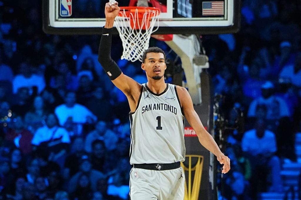 An image collage containing 1 images, Image 1 shows Victor Wembanyama #1 of the San Antonio Spurs