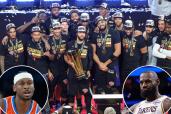 An image collage containing 3 images, Image 1 shows Jalen Brunson #11 of the New York Knicks holds the trophy along side his teammates as they pose for a photo after winning the NBA Cup, Image 2 shows Oklahoma City Thunder guard Shai Gilgeous-Alexander (2) brings the ball up court against the San Antonio Spurs, Image 3 shows Los Angeles Lakers' LeBron James, left, reacts to his three point shot with Luka Doncic, right, celebrating during the second half of an NBA basketball game against the Philadelphia 76ers, Sunday, Dec. 7, 2025, in Philadelphia. 