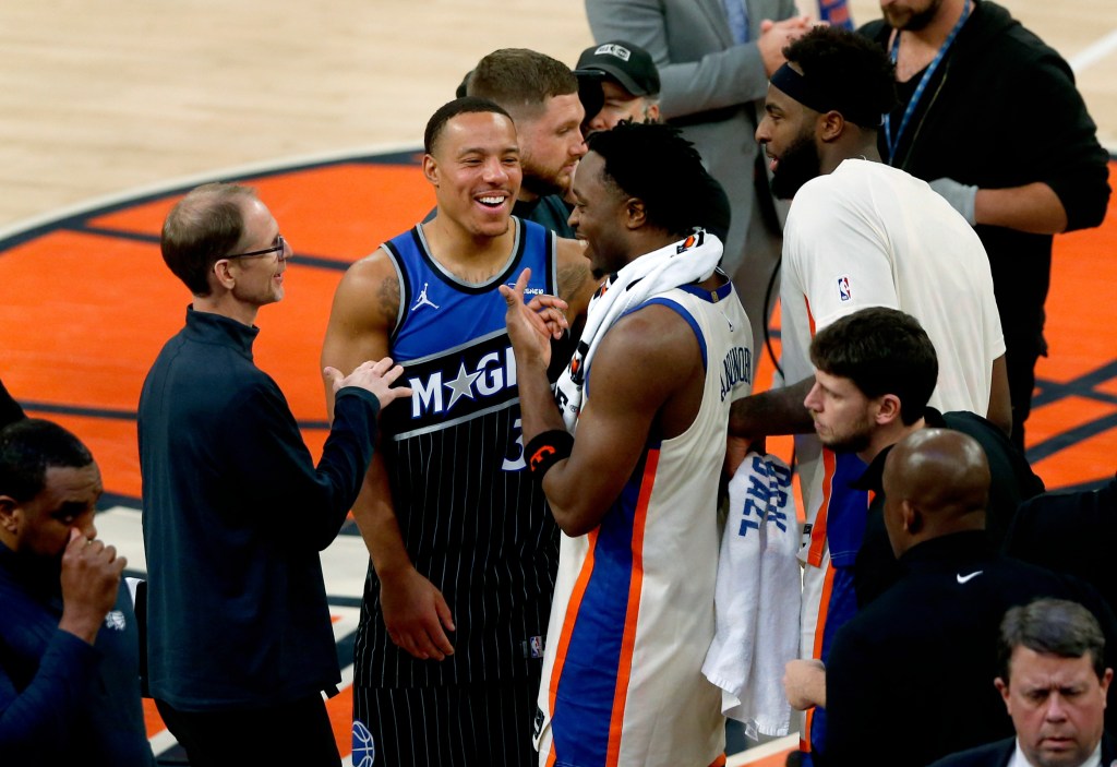 Orlando Magic guard Desmond Bane and New York Knicks forward OG Anunoby talk after an NBA basketball game.