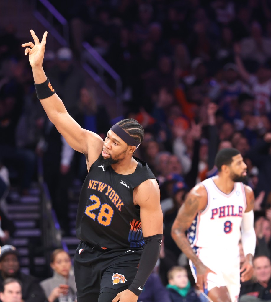 New York Knicks forward Guerschon Yabusele #28 reacts after scoring during the first quarter.