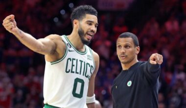 The Celtics Jayson Tatum (left) and head coach Joe Mazzulla (right) confer on the sidelines during the fourth quarter. The Boston Celtics visited the Philadelphia 76ers for Game Six of their NBA Eastern Conference Semi Final basketball series at the Wells Fargo Center.
