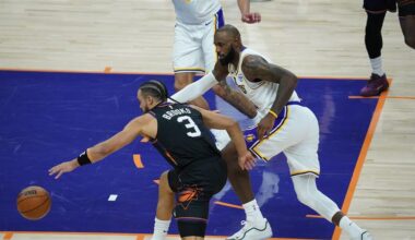 Dillon Brooks drives past LeBron James in a Phoenix Suns loss to the Los Angeles Lakers...