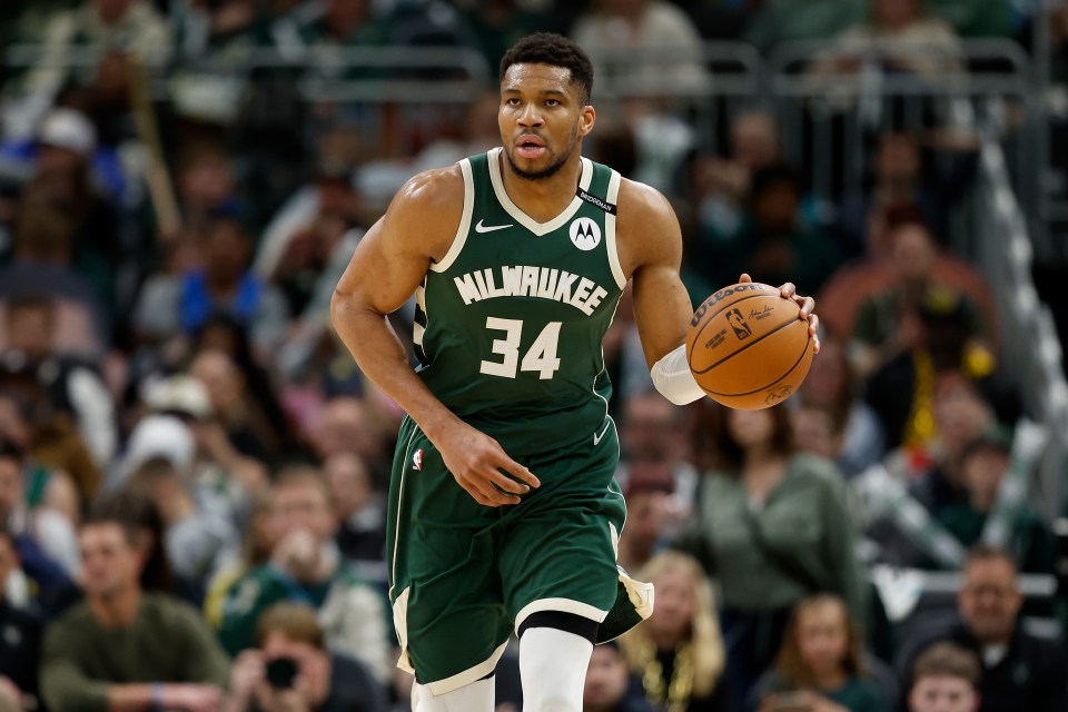 Giannis Antetokounmpo #34 of the Milwaukee Bucks dribbles up court against the Indiana Pacers during game three of the first round of the 2025 NBA playoffs 