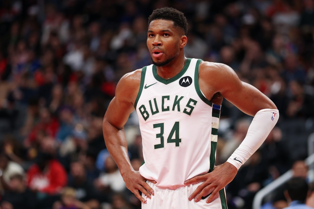 Giannis Antetokounmpo looks on during the second half of a game.