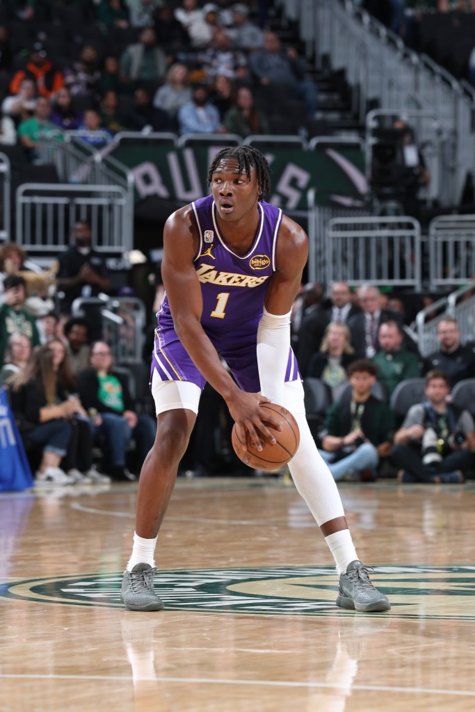 Adou Thiero of the Los Angeles Lakers looking to pass the ball.