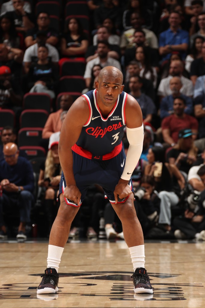 Chris Paul #3 of the LA Clippers on the court against the Miami Heat.