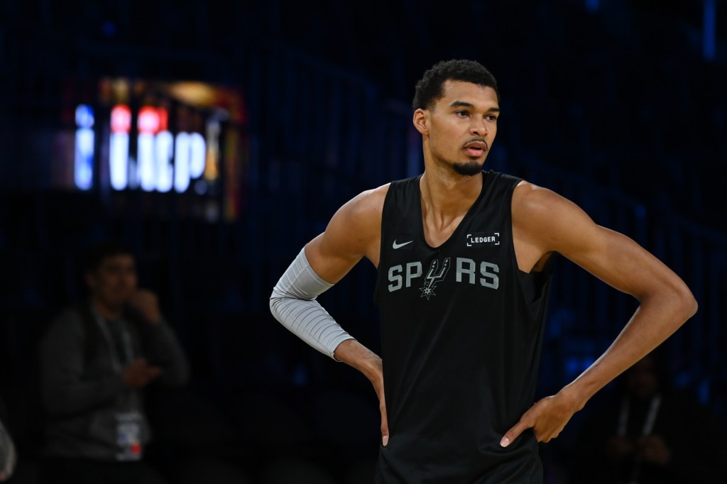 Victor Wembanyama of the San Antonio Spurs looks on during a practice session.