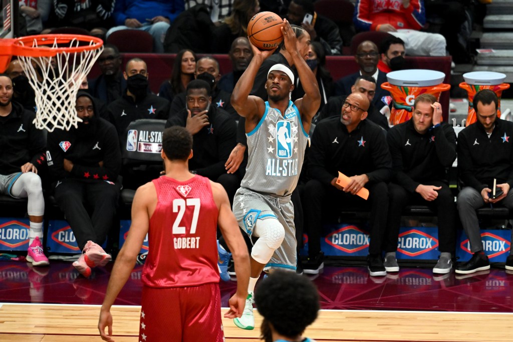 Jimmy Butler #22 of Team LeBron shoots the ball during the 2022 NBA All-Star Game.