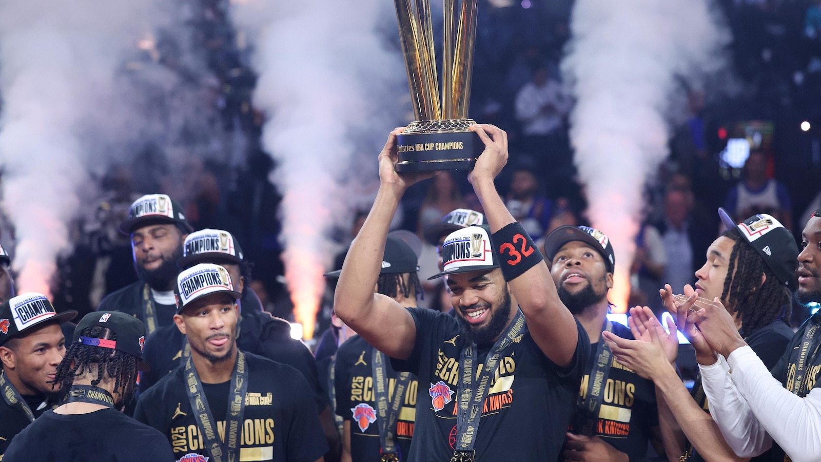 Knicks celebrate their NBA Cup title, even though they aren't commemorating it with a banner