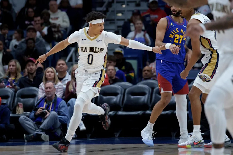 Jan 13, 2026; New Orleans, Louisiana, USA; New Orleans Pelicans guard Jeremiah Fears (0) reacts after a basket against the Denver Nuggets during the first half at Smoothie King Center. Mandatory Credit: Matthew Hinton-Imagn Images
