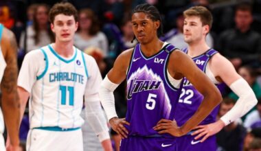 Utah Jazz forward Cody Williams (5) looks on during the second half of an NBA game against the Char...