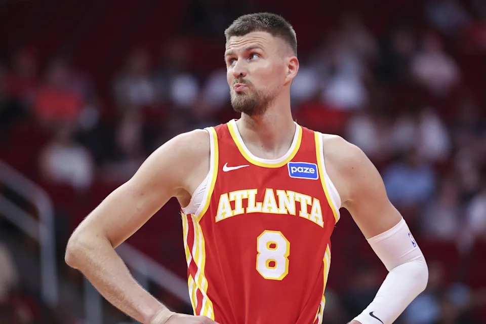Oct 6, 2025; Houston, Texas, USA; Atlanta Hawks forward/center Kristaps Porzingis (8) reacts during the second quarter against the Houston Rockets at Toyota Center. Mandatory Credit: Troy Taormina-Imagn Images
