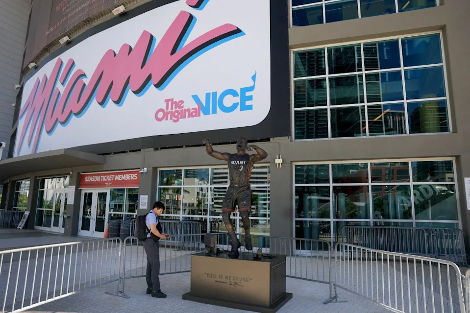 Former Miami Heat player Dwyane Wade’s statue stands outside of the Kaseya Center, where the NBA Miami Heat team plays on October 23, 2025, in Miami, Florida. Getty Images