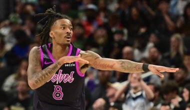 Jan 13, 2026; Milwaukee, Wisconsin, USA; Minnesota Timberwolves guard Bones Hyland (8) reacts after scoring a 3-point basket in the third quarter against the Milwaukee Bucks at Fiserv Forum. Mandatory Credit: Benny Sieu-Imagn Images