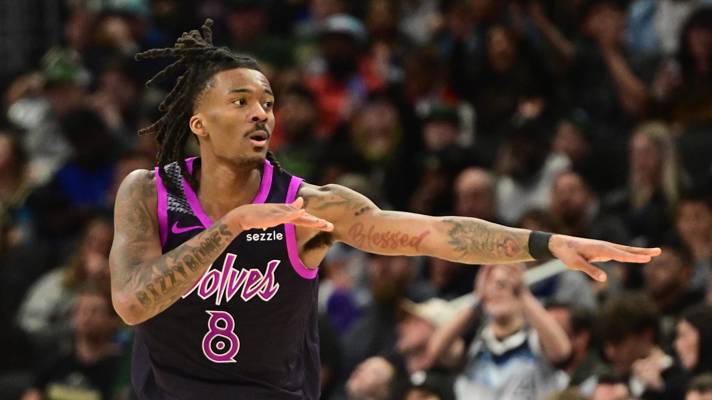 Jan 13, 2026; Milwaukee, Wisconsin, USA; Minnesota Timberwolves guard Bones Hyland (8) reacts after scoring a 3-point basket in the third quarter against the Milwaukee Bucks at Fiserv Forum. Mandatory Credit: Benny Sieu-Imagn Images