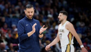 Jan 13, 2026; New Orleans, Louisiana, USA; New Orleans Pelicans head coach James Borrego reacts next New Orleans Pelicans forward Karlo Matkovic (17) during the first half against the Denver Nuggets at Smoothie King Center. Mandatory Credit: Matthew Hinton-Imagn Images