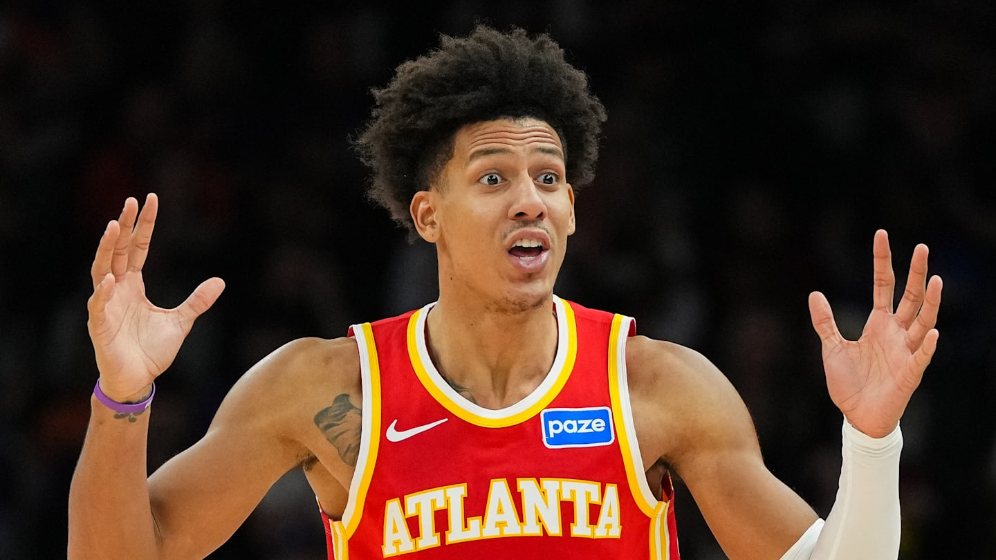 Jalen Johnson throws his hands up