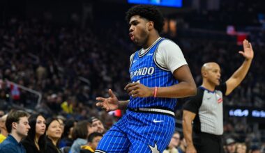 Dec 22, 2025; San Francisco, California, USA;  Orlando Magic guard Jase Richardson (11) celebrates a three point basket against the Golden State Warriors in the first quarter at Chase Center. Mandatory Credit: Eakin Howard-Imagn Images