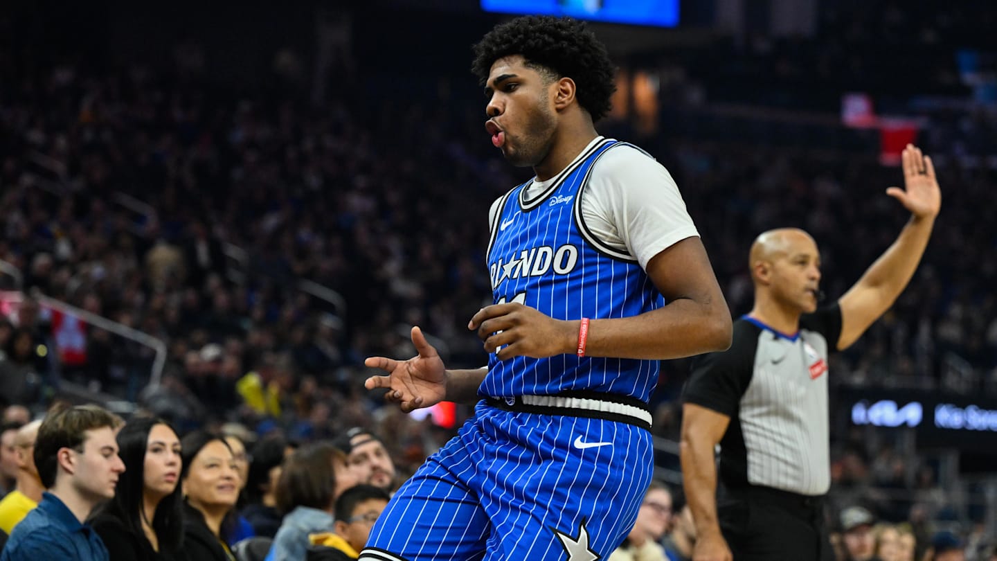 Dec 22, 2025; San Francisco, California, USA;  Orlando Magic guard Jase Richardson (11) celebrates a three point basket against the Golden State Warriors in the first quarter at Chase Center. Mandatory Credit: Eakin Howard-Imagn Images
