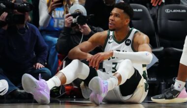 Mar 25, 2023; Denver, Colorado, USA; Milwaukee Bucks forward Giannis Antetokounmpo (34) reacts following a foul called in the fourth quarter against the Denver Nuggets at Ball Arena. Mandatory Credit: Ron Chenoy-Imagn Images