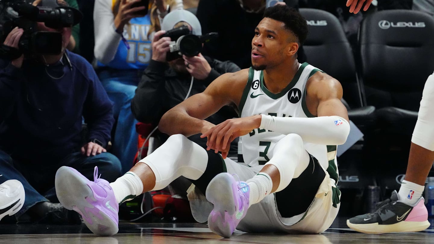 Mar 25, 2023; Denver, Colorado, USA; Milwaukee Bucks forward Giannis Antetokounmpo (34) reacts following a foul called in the fourth quarter against the Denver Nuggets at Ball Arena. Mandatory Credit: Ron Chenoy-Imagn Images