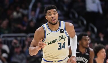 Milwaukee Bucks forward Giannis Antetokounmpo reacts after scoring his 21,000th career point in the third quarter against the Brooklyn Nets at Fiserv Forum on November 29, 2025.