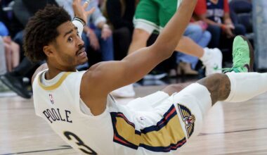 Oct 27, 2025; New Orleans, Louisiana, USA; New Orleans Pelicans guard Jordan Poole (3) reacts after a being knocked down against the Boston Celtics during the first half at Smoothie King Center. Mandatory Credit: Matthew Hinton-Imagn Images