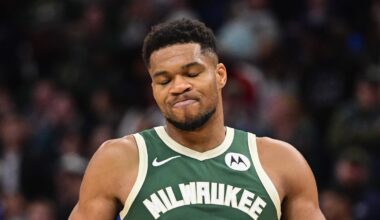 Milwaukee Bucks forward Giannis Antetokounmpo reacts after missing a shot late in the fourth quarter against the Sacramento Kings at Fiserv Forum on November 1, 2025.