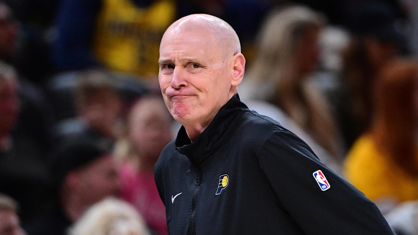 Apr 11, 2025; Indianapolis, Indiana, USA; Indiana Pacers head coach Rick Carlisle reacts to a call during the second half against the Orlando Magic at Gainbridge Fieldhouse. Mandatory Credit: Marc Lebryk-Imagn Images