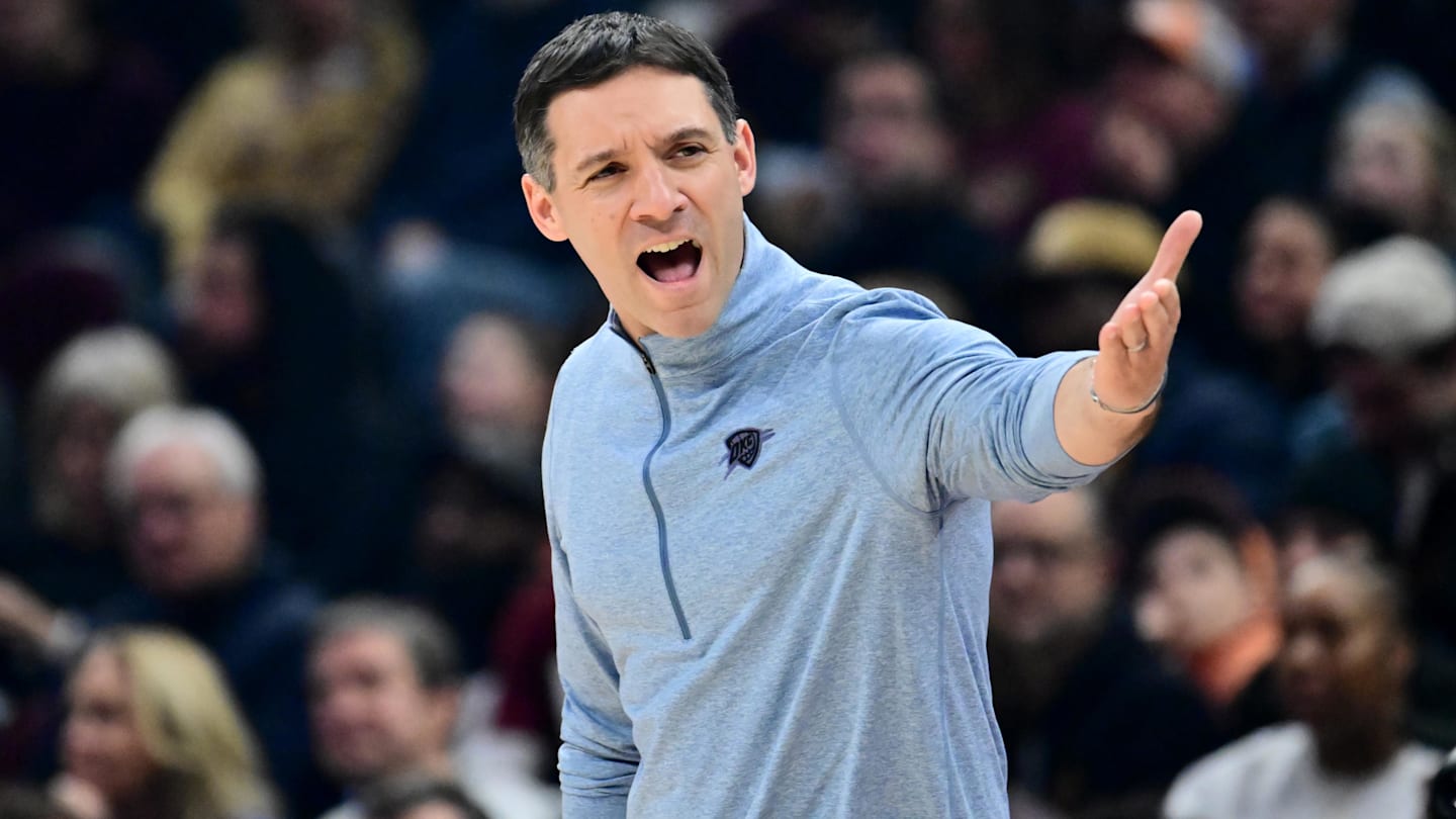 Jan 19, 2026; Cleveland, Ohio, USA; Oklahoma City Thunder head coach Mark Daigneault reacts against the Cleveland Cavaliers during the first half at Rocket Arena. Mandatory Credit: Ken Blaze-Imagn Images