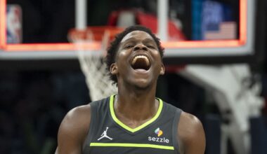 Jan 11, 2026; Minneapolis, Minnesota, USA; Minnesota Timberwolves guard Anthony Edwards (5) celebrates after defeating the San Antonio Spurs at Target Center. Mandatory Credit: Jesse Johnson-Imagn Images