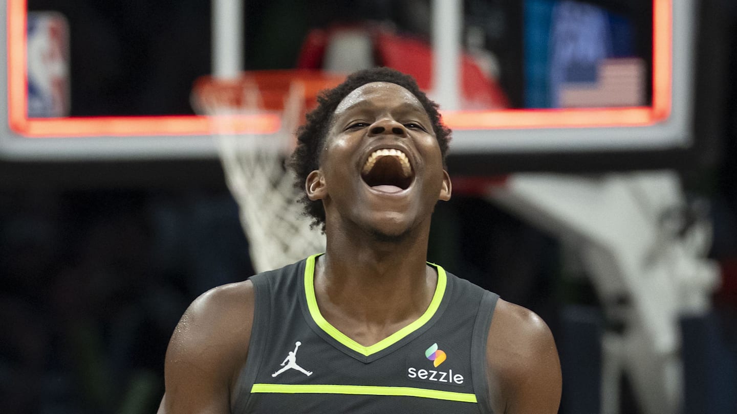 Jan 11, 2026; Minneapolis, Minnesota, USA; Minnesota Timberwolves guard Anthony Edwards (5) celebrates after defeating the San Antonio Spurs at Target Center. Mandatory Credit: Jesse Johnson-Imagn Images