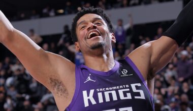 Jan 21, 2026; Sacramento, California, USA; Sacramento Kings center Dylan Cardwell (32) celebrates after drawing a foul against the Toronto Raptors during the third quarter at Golden 1 Center. Mandatory Credit: Ed Szczepanski-Imagn Images