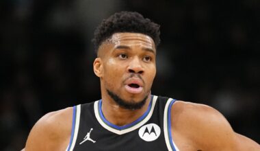 Jan 23, 2026; Milwaukee, Wisconsin, USA;  Milwaukee Bucks forward Giannis Antetokounmpo (34) looks on during the second quarter against the Denver Nuggets at Fiserv Forum. Mandatory Credit: Jeff Hanisch-Imagn Images